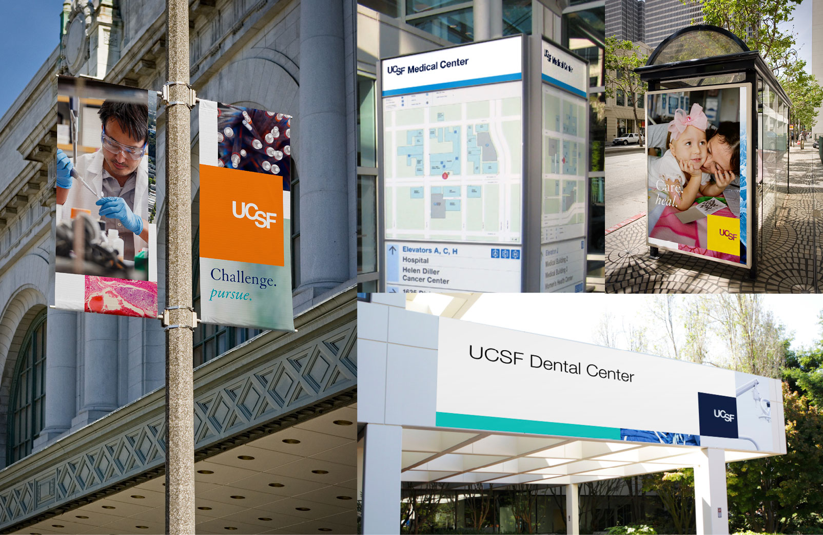 UCSF signage on light poles and bus shelters