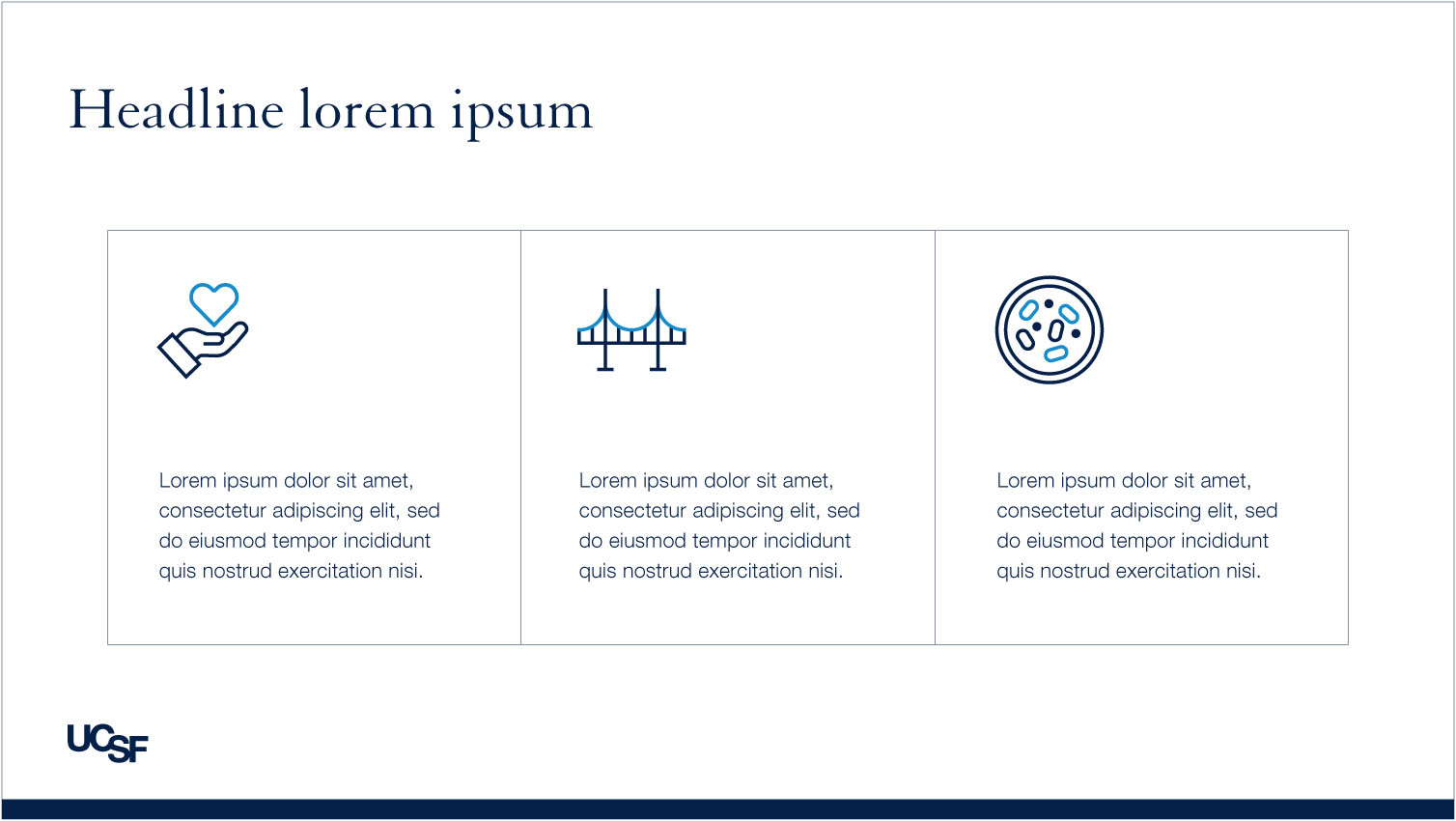 Sample website using iconography with scientific and medical symbols in navy, blue and white on a white background