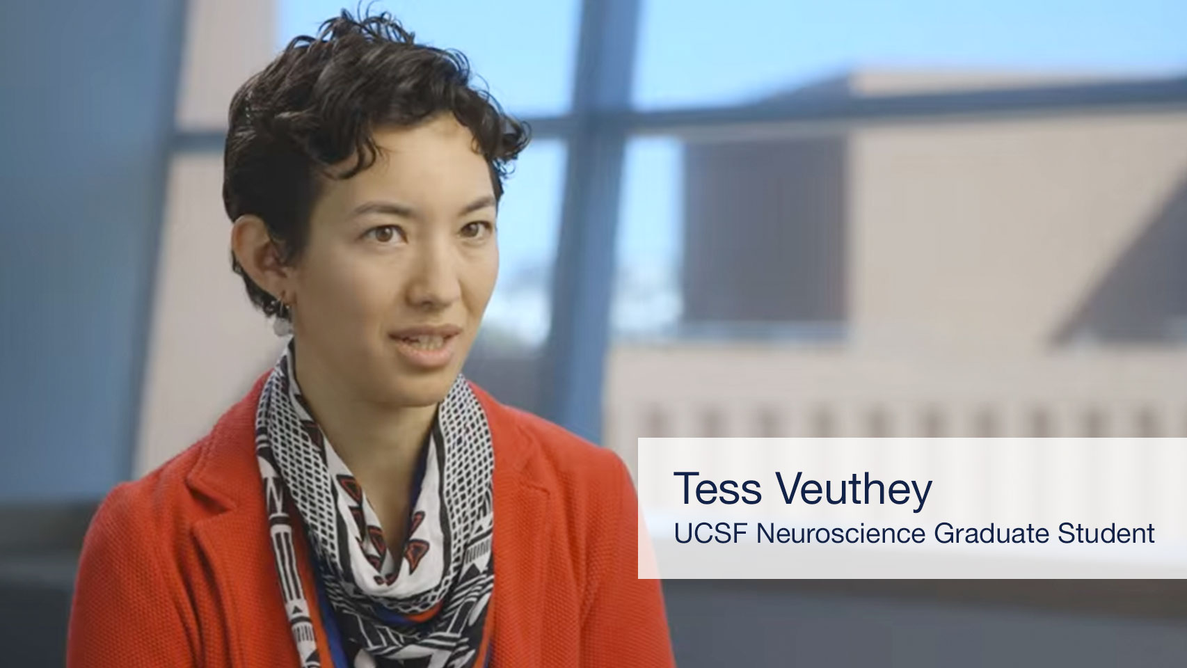 Video still of Tess Veuthey, showing a lower third