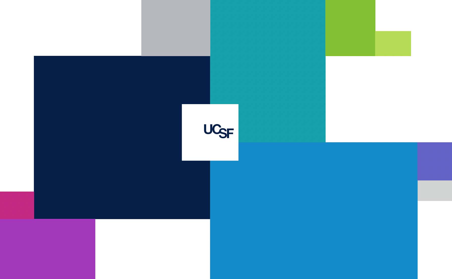 Grid of squares and rectangles in various colors with a white UCSF logo in the center