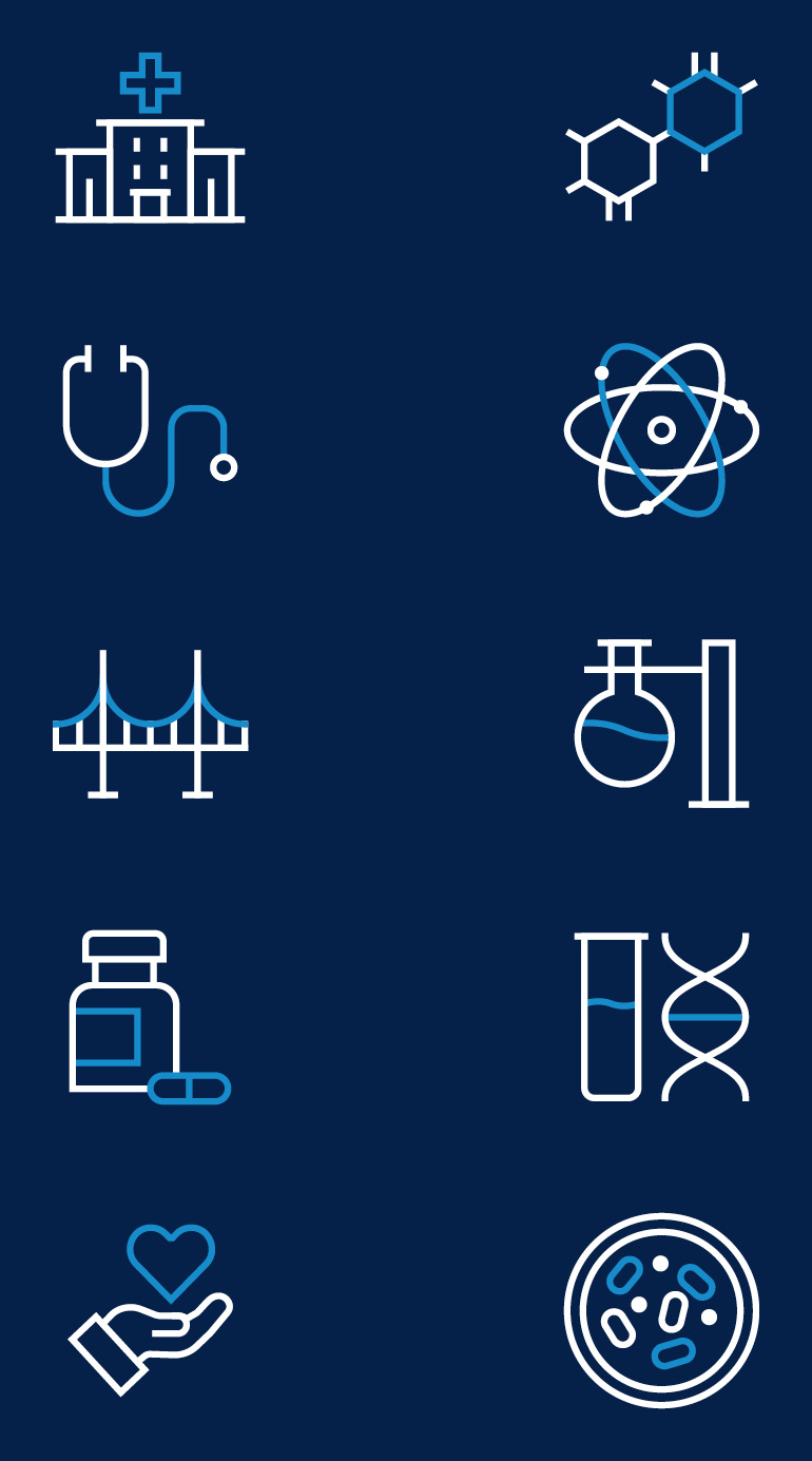 Examples of the new iconography style showing a range of scientific and medical symbols on a navy background using white and blue