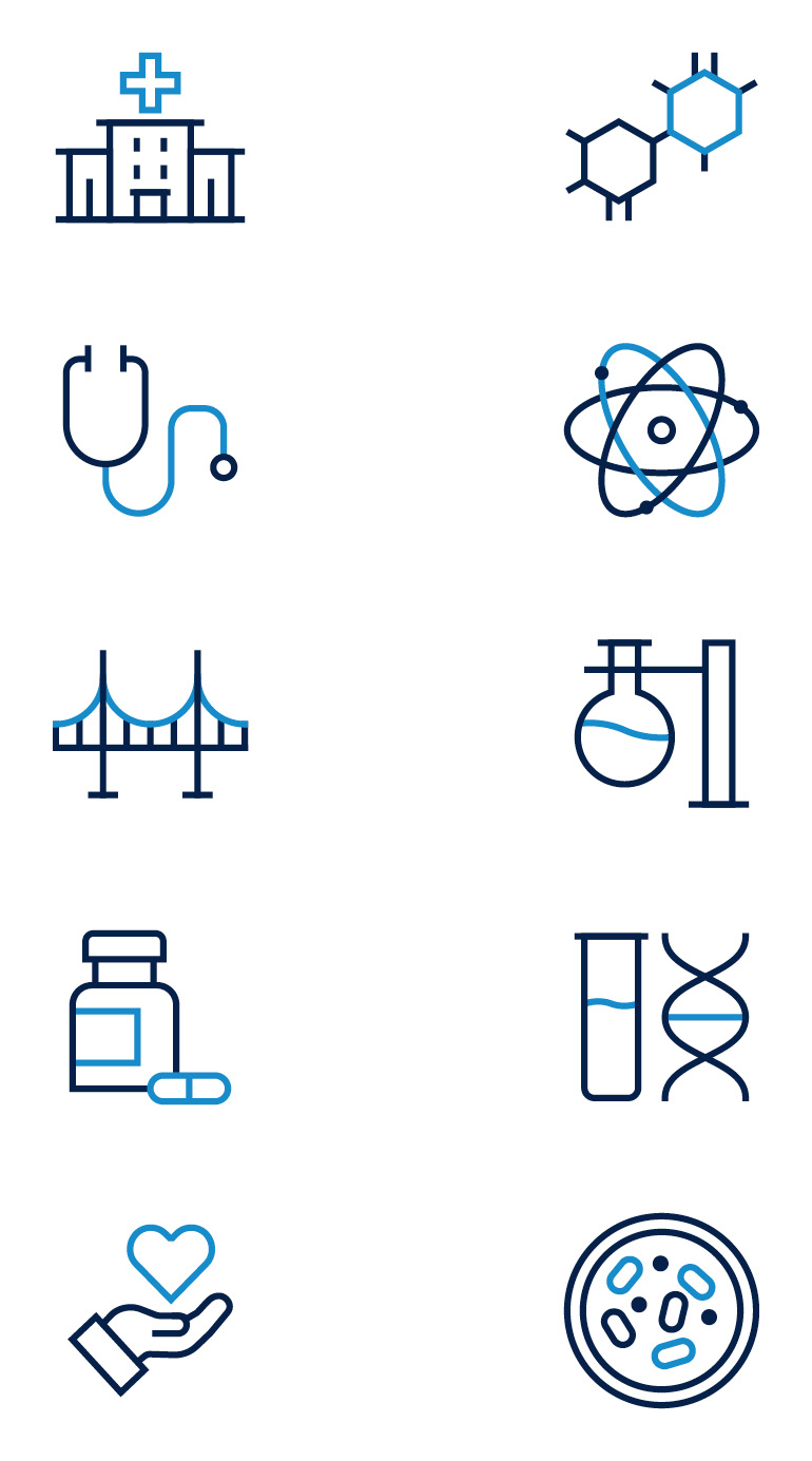 Examples of the new iconography style showing a range of scientific and medical symbols on a white background using navy and blue