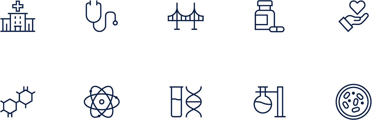 Examples of the new iconography style showing a range of scientific and medical symbols