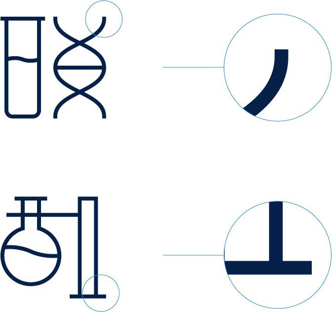 examples of iconography style showing scientific symbols with consistent flat terminals