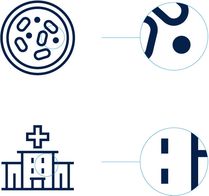 examples of iconography style showing scientific and medical symbols with consistent outline and fills