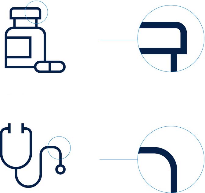 examples of iconography style showing scientific and medical symbols with consistent corner radius